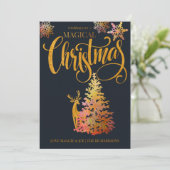 Magische kerstboom en Deer Gold en Blue Feestdagenkaart (Staand voorkant)
