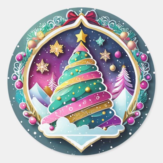 Magische kerstboom ronde sticker (Voorkant)