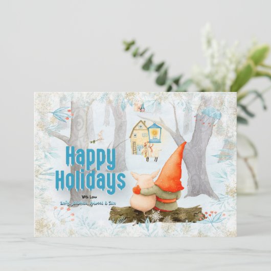 Magische Kerstbos Tomte Gnome Varkenssneeuw Feestdagenkaart (Staand voorkant)