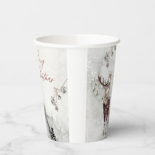 Magische Kerstmisscène Rustiek Bos Herten Papieren Bekers (Links)