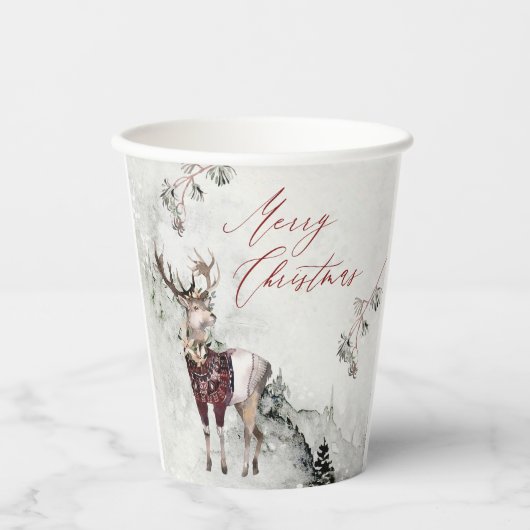 Magische Kerstmisscène Rustiek Bos Herten Papieren Bekers (Voorkant)