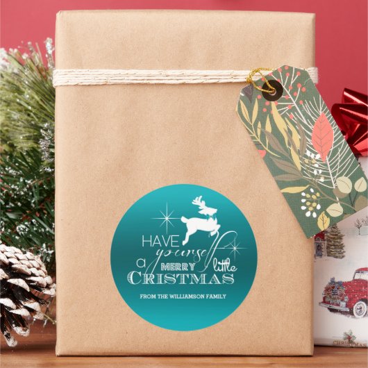 Magische kerstrenrendiervis (blauw) op maat ronde sticker (Feestdagen)