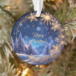Magische kersttijd - gouden sneeuwvlokken op blauw ornament