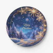 Magische kersttijd - gouden sneeuwvlokken op blauw papieren bordje (Voorkant)