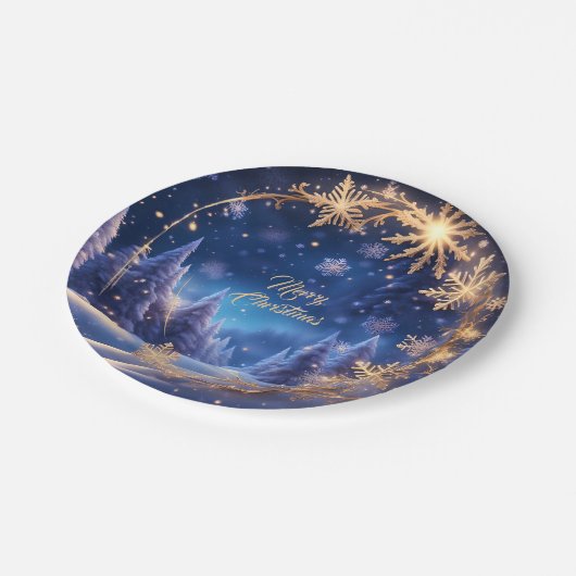 Magische kersttijd - gouden sneeuwvlokken op blauw papieren bordje (Gekanteld)