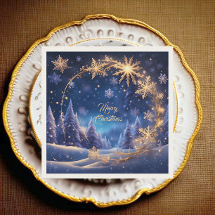 Magische kersttijd - gouden sneeuwvlokken op blauw servet