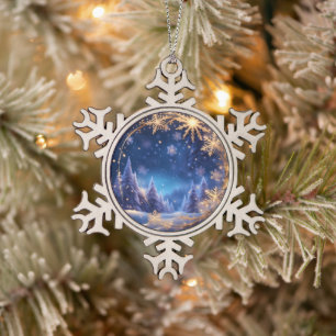 Magische kersttijd - gouden sneeuwvlokken op blauw tin sneeuwvlok ornament