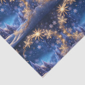 Magische kersttijd - gouden sneeuwvlokken op blauw tissuepapier (Detail)