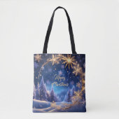 Magische kersttijd - gouden sneeuwvlokken op blauw tote bag (Voorkant)