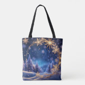 Magische kersttijd - gouden sneeuwvlokken op blauw tote bag (Achterkant)