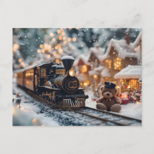 Magische kersttrein met teddybeer feestdagenkaart