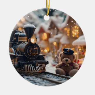 Magische kersttrein met teddybeer keramisch ornament