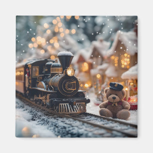 Magische kersttrein met teddybeer magneet