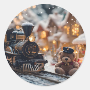 Magische kersttrein met teddybeer ronde sticker