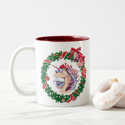Magische kerstunicorn tweekleurige koffiemok (Met donut)