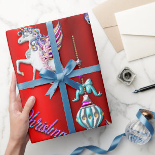 Magische kerstunicorns op rood cadeaupapier