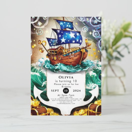 Magische Kinderen Avontuur Piratenschip Verjaardag Kaart (Staand voorkant)