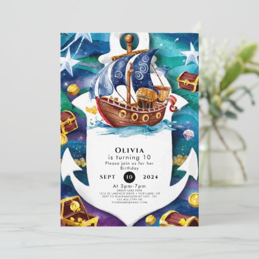 Magische Kinderen Waterverf Boat Pirate Verjaardag Kaart (Staand voorkant)