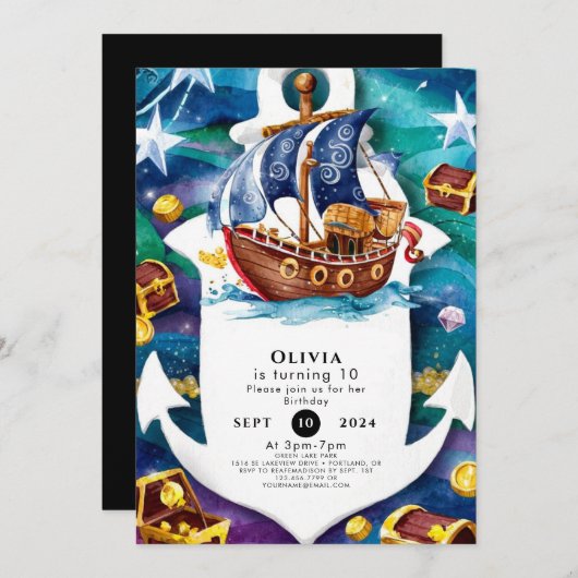 Magische Kinderen Waterverf Boat Pirate Verjaardag Kaart (Voorkant / Achterkant)