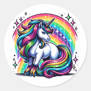 Magische kleurrijke eenhoorn en regenboog sprankel ronde sticker