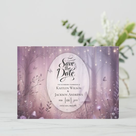 Magische Lavendel Fairy Lights bruiloft Save The Date (Staand voorkant)