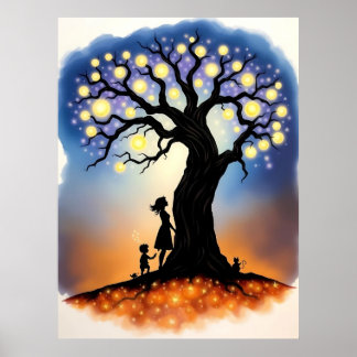 Magische lichtboom met silhouetten poster