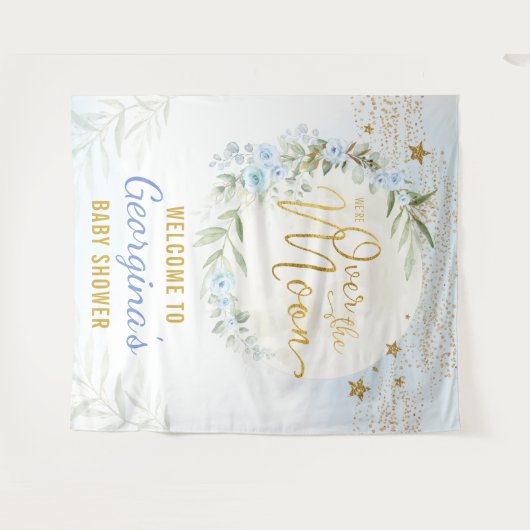 Magische maan Stars Blue Gold Baby Welkom Wandkleed (Voorkant (horizontaal))