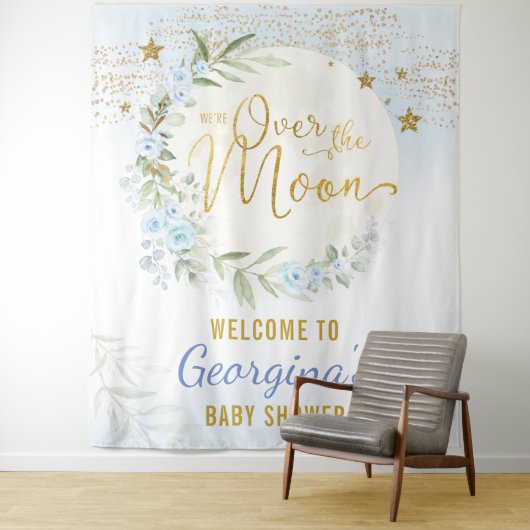 Magische maan Stars Blue Gold Baby Welkom Wandkleed (In situ)