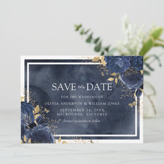 Magische Marine Bloemen Waterverf Gouden Bruiloft Save The Date (Staand voorkant)