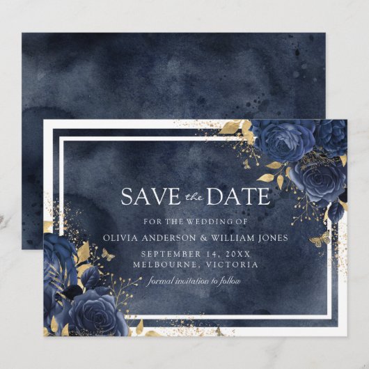 Magische Marine Bloemen Waterverf Gouden Bruiloft Save The Date (Voorkant / Achterkant)