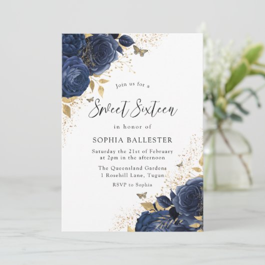 Magische marine Indigo Blue Rozen & Gold Sweet 16 Kaart (Staand voorkant)