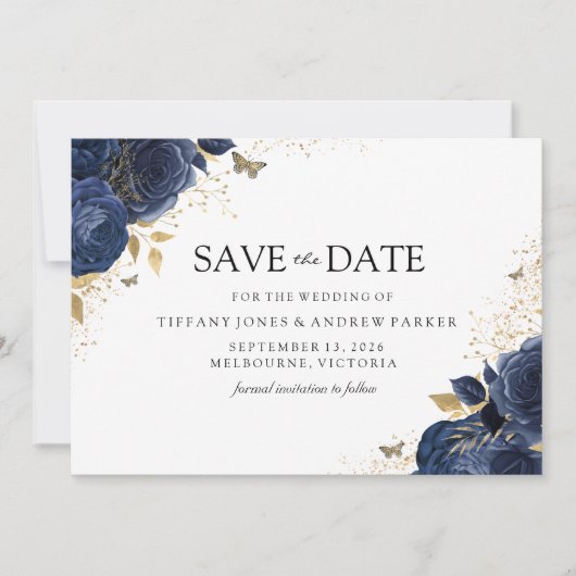 Magische marinehandel IndigoRozen Gold Floral Wedd Save The Date (Voorkant)