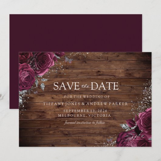 Magische maroon Rozen Rustic Wedding Save The Date (Voorkant / Achterkant)