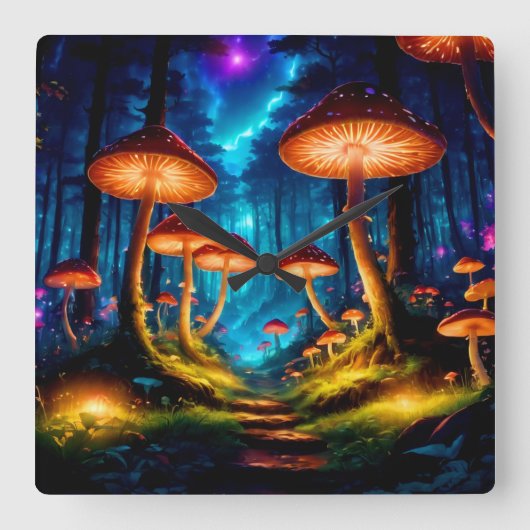 Magische Midnight Mushroom Forest Vierkante Klok (Voorkant)