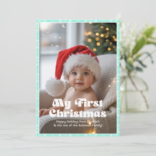 Magische Mint Gingham Mijn Eerste Kerst Baby Feestdagenkaart (Staand voorkant)