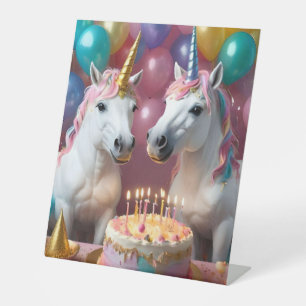 Magische momenten: een witte eenhoorns 'verjaardag reclamebord met voetstuk