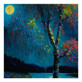 Magische Moon River Tree in olieverfschilderstijl Perfect Poster