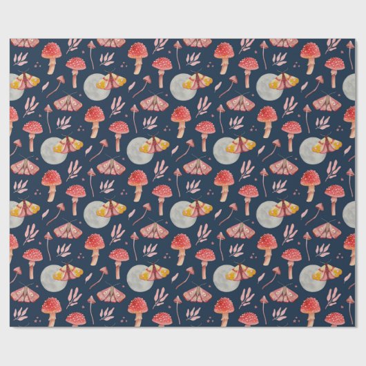 Magische mot en paddenstoelpatroon. Woodland nacht Cadeaupapier (Vlak)