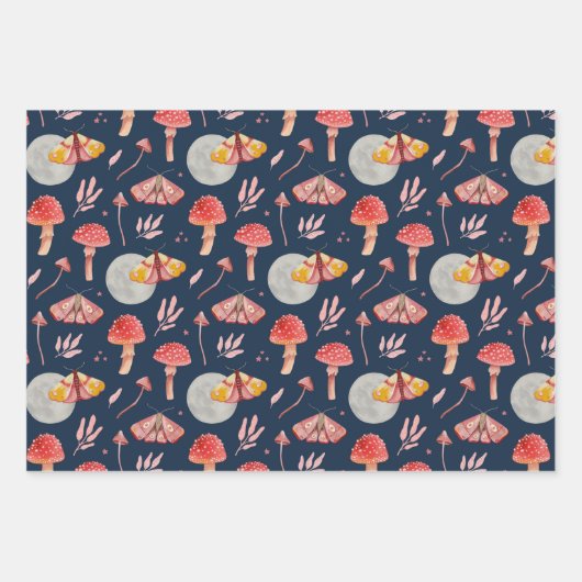 Magische mot en paddenstoelpatroon. Woodland nacht Inpakpapier Vel (Voorkant)