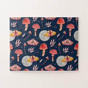 Magische mot en paddenstoelpatroon. Woodland nacht Legpuzzel