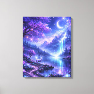 Magische nacht bij het gloeiende meer canvas afdruk