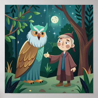 Magische nacht in het bos: jongen en uil poster