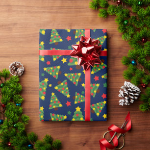 Magische Nacht Kerstbomen en Sterren Donkerblauw Cadeaupapier