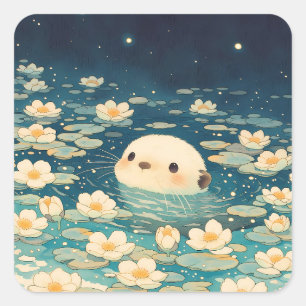 Magische Nacht Otter in Sterrenlotusvijver Vierkante Sticker