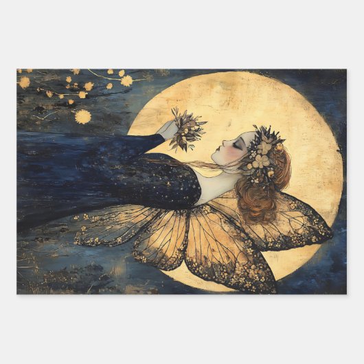 Magische nachtfee met bloemen onder gouden maan inpakpapier vel (Voorkant 2)
