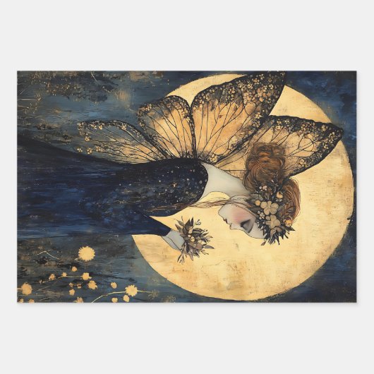 Magische nachtfee met bloemen onder gouden maan inpakpapier vel (Voorkant)
