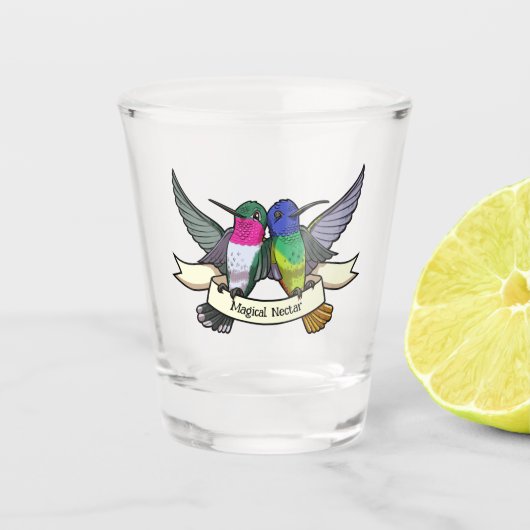 Magische Nectar Schattigee Kolibries met lint Shot Glas (Voorkant)