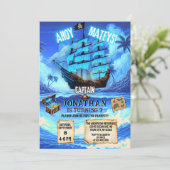 Magische Neon Blauwe Glow Piratenschip Ahoy Verjaa Kaart (Staand voorkant)