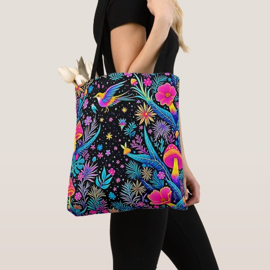 Magische Neon Forest Night Dream Design Tote Bag (Dichtbij)