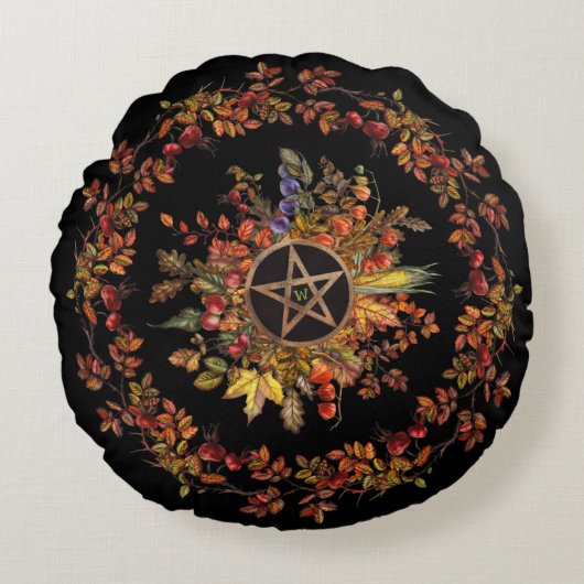 Magische Oogst Met Pentagram Monogram Rond Kussen (Voorkant)
